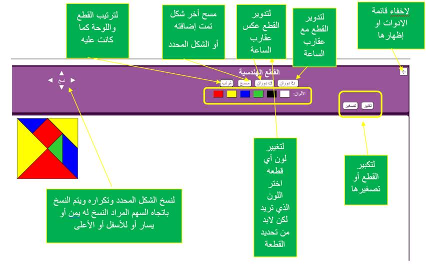 برمجية القطع الهندسية Https Www Aghandoura Com 2030 Applets Tangramsnew Htm هي عبارة عن سبع قطع منها مثلثان متطابقان كبيران و مثلثان متطابقان صغيران ومثلث وسط بينهما ومربع ومتوازي أضلاع وهذه القطع مصنوعة بشكل مميز بحيث يمكن تركيب أي